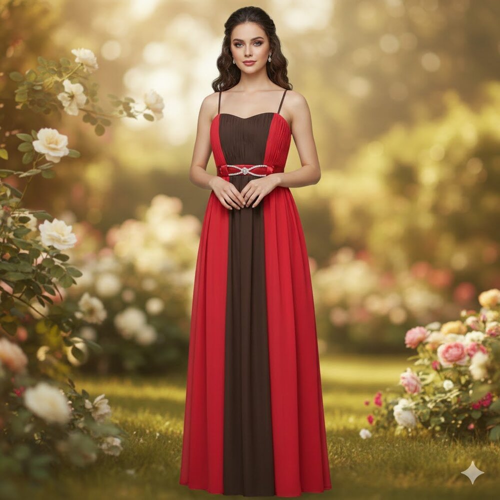 Strapless Red And Brown Chiffon Evening Gown